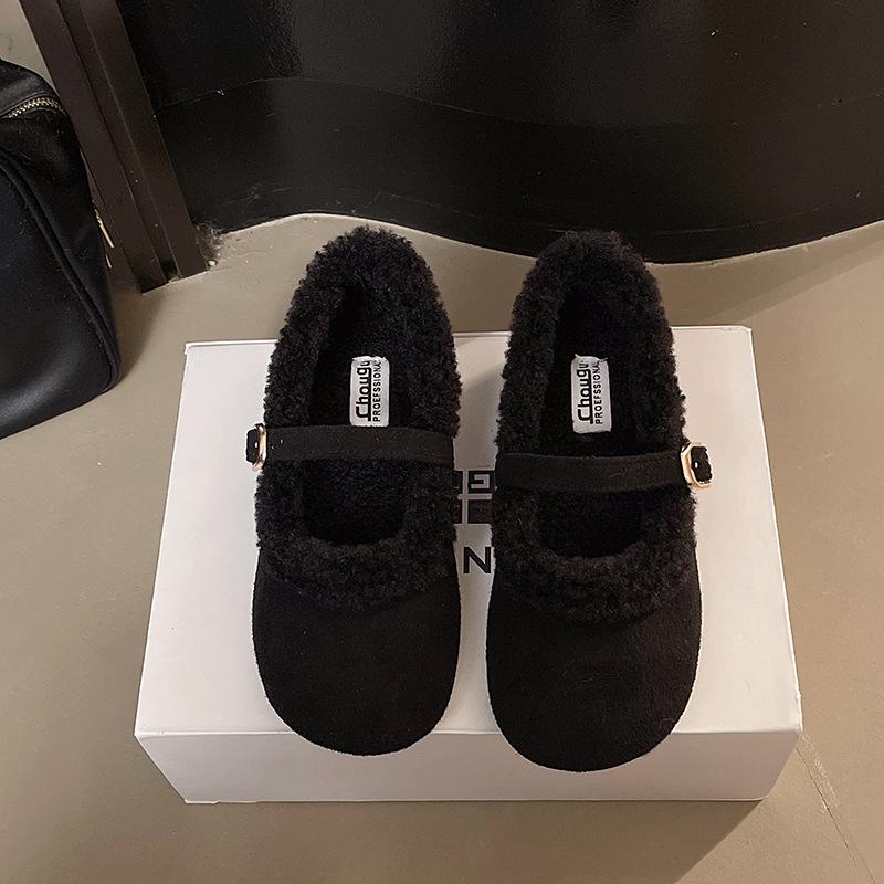 Round head flat bottom Mao Mao mouth women's shoes 2025 new autumn and winter velvet Doudou shoes casual warm women's cotton shoes