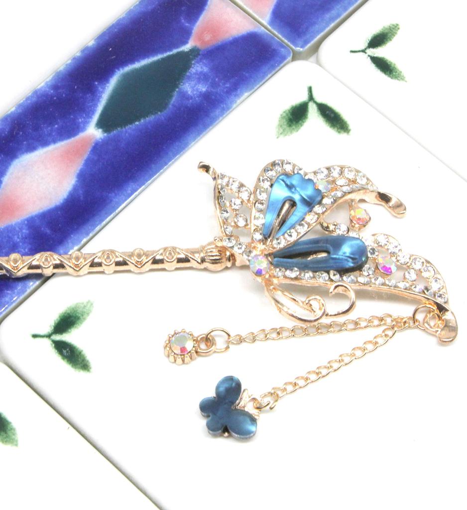 Miaomyoa Single Hair Ornament for Kimono and Traditional Japanese Antique Exotic Flower Pink Gold Hairpin, Clothing, Metal, Motif, Butterfly, (Blue)