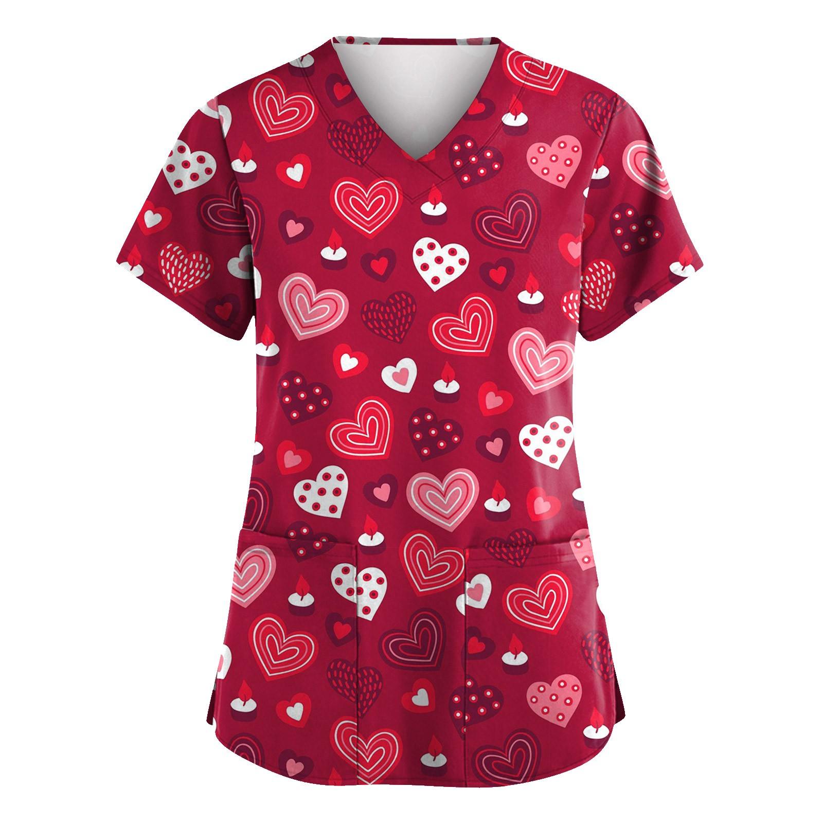 

Women s Heart Pattern V-Neck Scrub Top Comfortable, Breathable, Easy-Care Fabric with Functional Pockets M