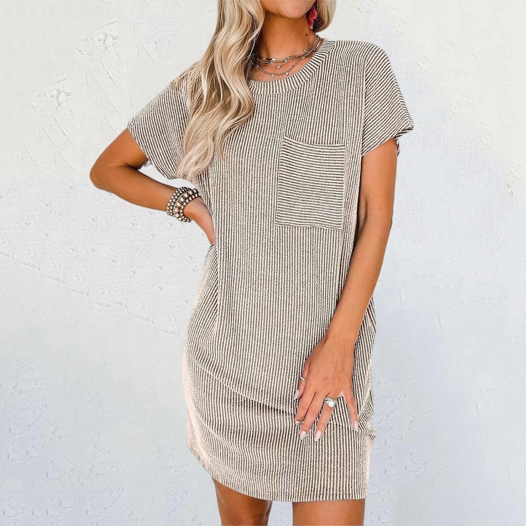 Damen Lässiges Modekontrastfarbenes verdrehtes Streifen-Kurzarmtaschenkleid