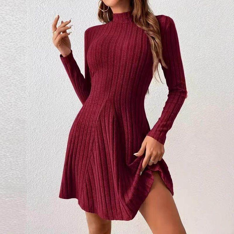 New Slim-Fit Mock Neck Waist-Cinching Long Sleeve Dress Blue M