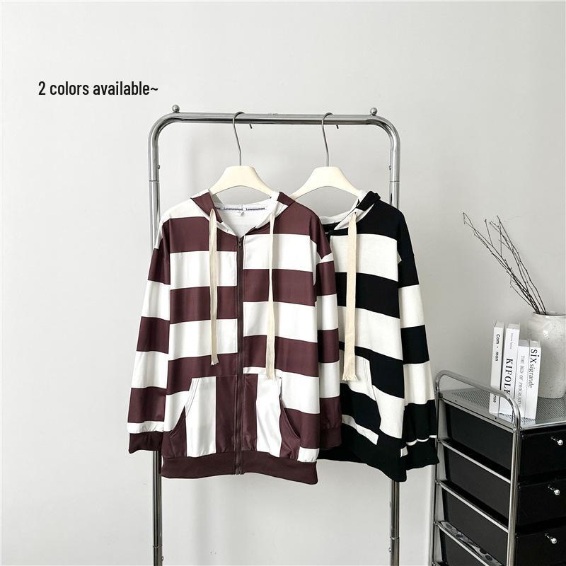 2023 Fall/Winter Women's Korean Loose BF Long Sleeve Cardigan Hoodie – College Style Striped Top