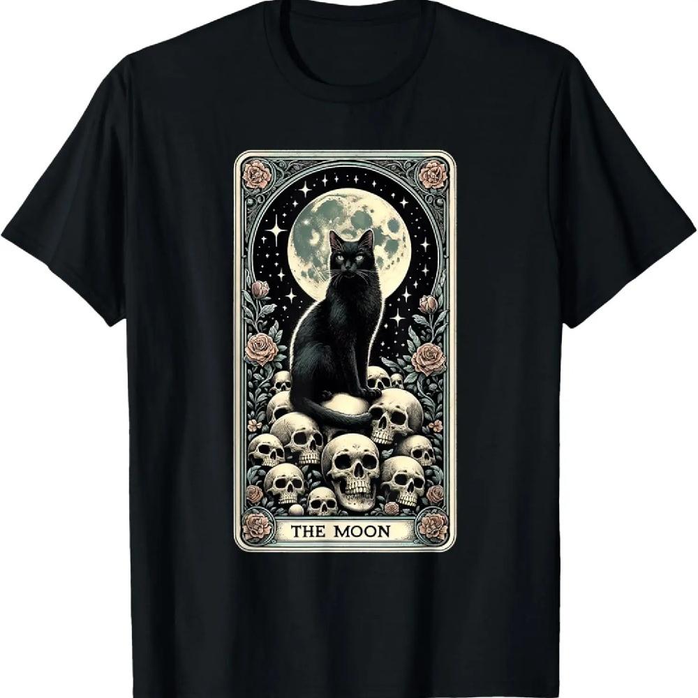 

The Moon Tarot Card Witchy Goth Black Cat On Skulls And Rose T-Shirt S