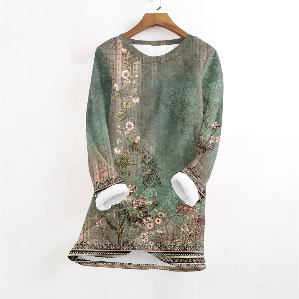 Women's Fashionable Printed Round Neck Long Sleeved Plush Warm Pullover Top