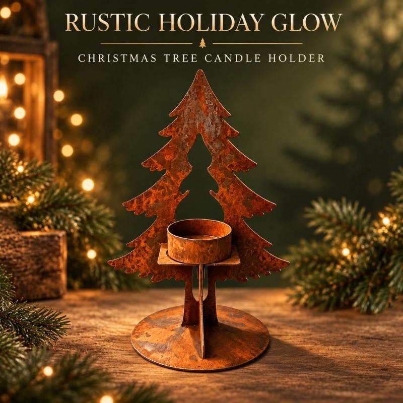 Christmas Candle Holders with Metal Tree Outline and Round Base, Aged Brown Seasonal Accent for Dining Tables, Entryway Displays, and Shelves