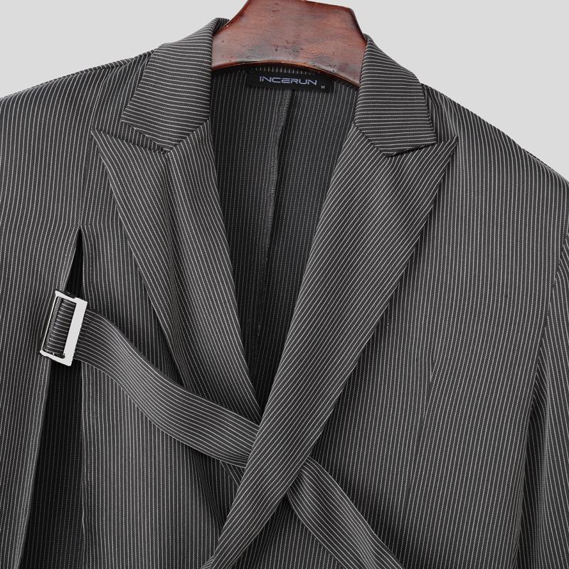 INCERUN Men Notched Lapel Long Sleeve Striped Cutout Front Cross Party Thin Blazer Coats