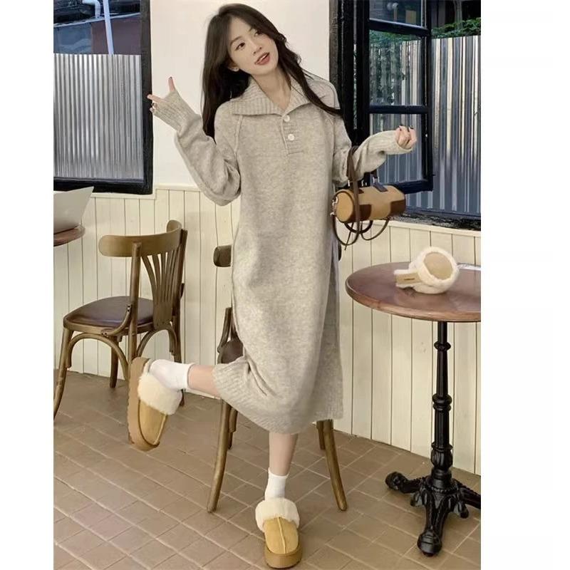 

Женское трикотажное платье с воротником поло, свободная французская юбка, нижняя часть, свитер средней длины выше колена, юбка M