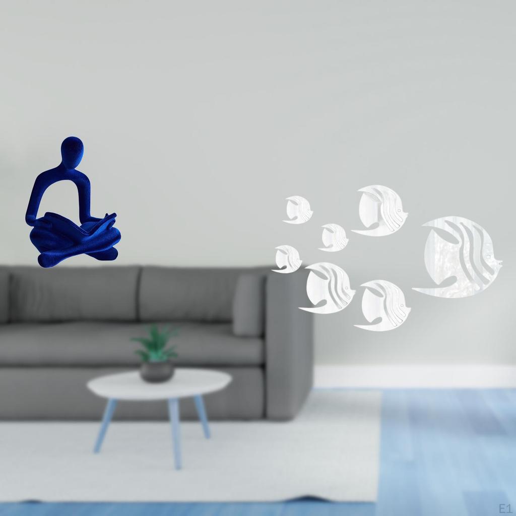 Abstract Thinker Figurine Sculpture with Acrylic Mirror Fish Wall Decals Versatile Art Collection