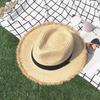 Neuer Raffia-Sonnenhut mit breiter Krempe für Damen Herren Netz-Jazzkappe Panama-Schlapphut Sommer-Strohhut Kurzer blauer Gürtel Strandhut