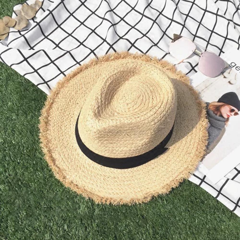Neuer Raffia-Sonnenhut mit breiter Krempe für Damen Herren Netz-Jazzkappe Panama-Schlapphut Sommer-Strohhut Kurzer blauer Gürtel Strandhut