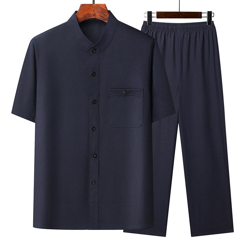 Summer Ice Silk Short Sleeve Zhongshan Collar Shirt for Middle-Aged and Elderly Men – Grandpa Chinese Style Tang Suit Set