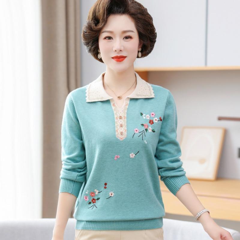 Light mother spring new lapel embroidered shirt middle-aged and elderly bottoming shirt top spring knitted sweater thin