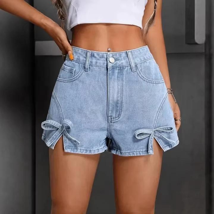 Women s Low Rise Denim Shorts Slim Fit Trendy Light Blue Washed Medium Stretch Side Slit Bow Tie Decor Summer Hot Short Jeans S