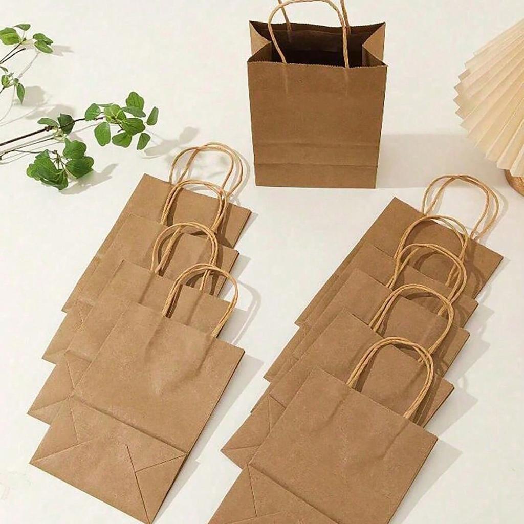 10pcs - khaki kraft paper bag with handle, durable and reusable - perfect for weddings and parties, suitable for storage
