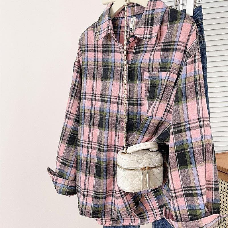 Kariertes Hemd Retro Lockeres Karomuster Modebluse Damen Frühling/Herbst Oberteil Premium Streetwear Lässige Oberbekleidung