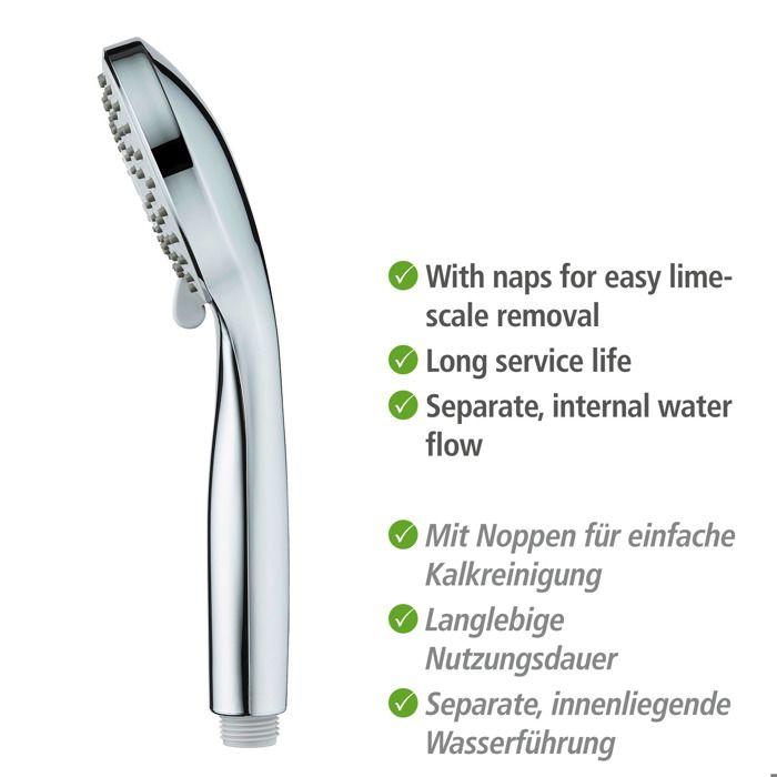 WENKO Ensemble de Douche BASIC | Douchette à main + Flexible 150 cm Inox | Pommeau 5 Jets &amp; Buses Anti-Calcaire | Chromé | Ø9,5 cm