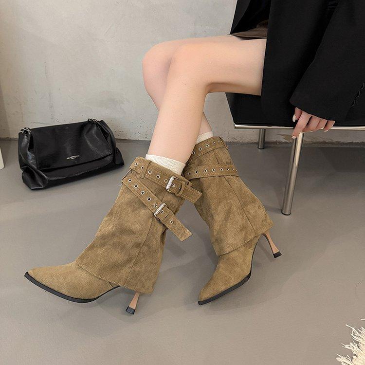 Retro thick heel medium boots women's 2025 new autumn versatile pointed western cowboy boots belt buckle trouser boots