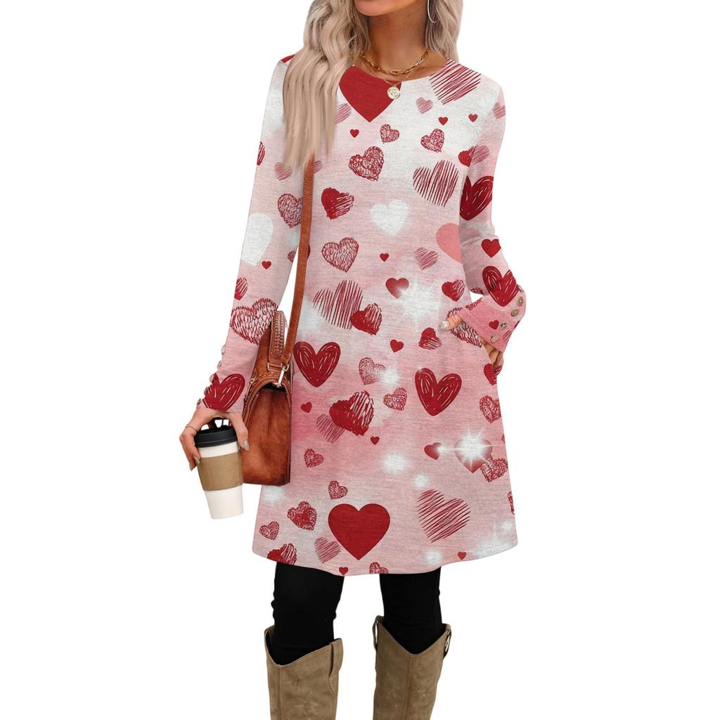 Women's Fashion Casual Pocket Decorative Button Dress Round Neck Long Sleeve Printed Dress