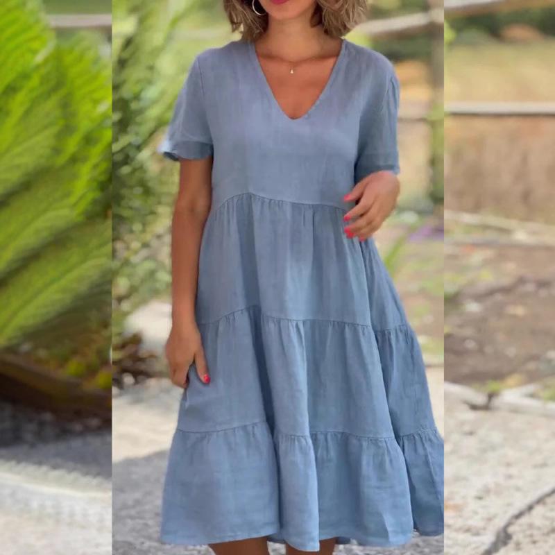 Fresh & Sweet V-Neck Solid Color Swing Short Dress for Women