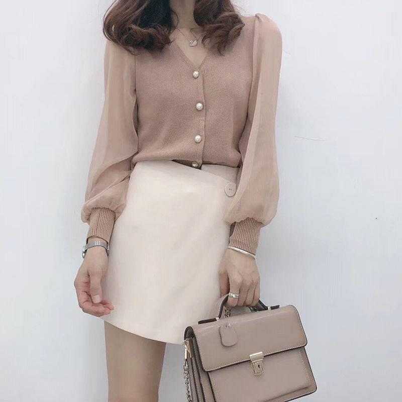 Clothe Women's Spring Autumn Style Chiffon Blouses Shirt Women's Knitted Button Long Sleeve Solid Color Lace Patchwork Tops