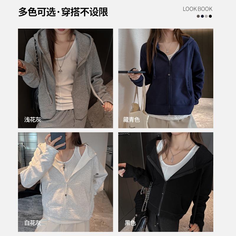 Classic autumn and winter solid color hooded sweater long-sleeved zipper thickened jacket women's sports loose casual versatile top