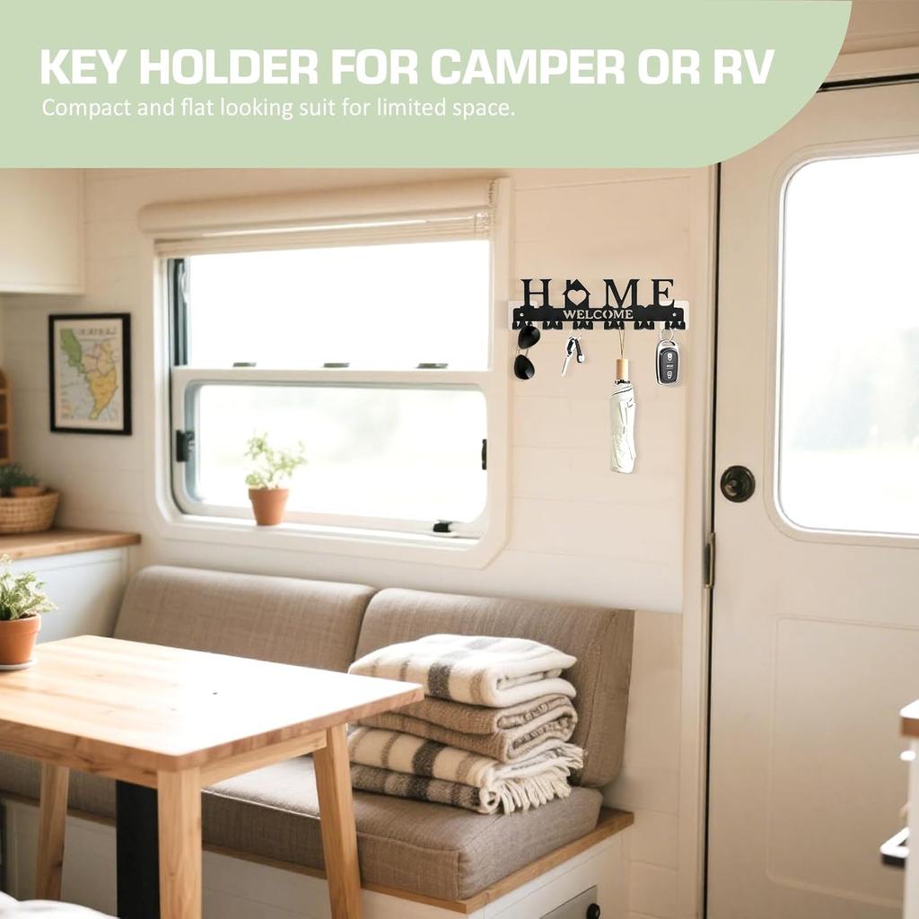 Key Holder Wall Mount, Adhesive Metal Key Hanger with 6 Double Hooks, 2 Tallation Methods, Black