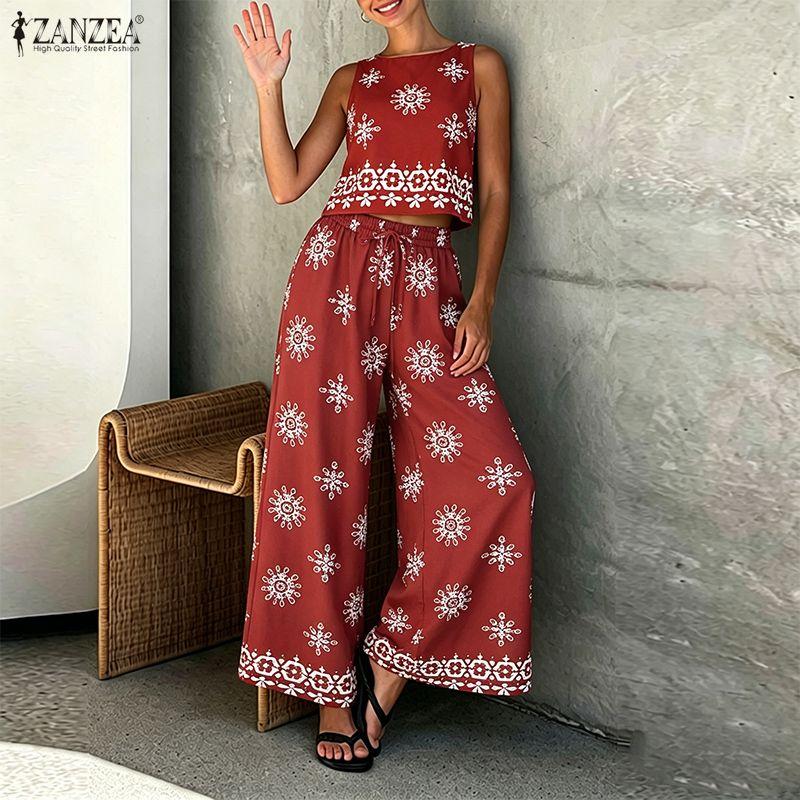 ZANZEA Two Piece Suit Women Sleeveless Print Tank Tops and Long Pants Casual Sets