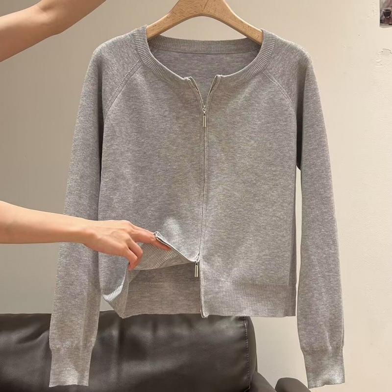

Серый кардиган вязаный с круглым вырезом Gentle Wind женский осенне-зимний, уменьшающий возраст, с двойной молнией, верхняя одежда, свитер-основа, свитер One Size