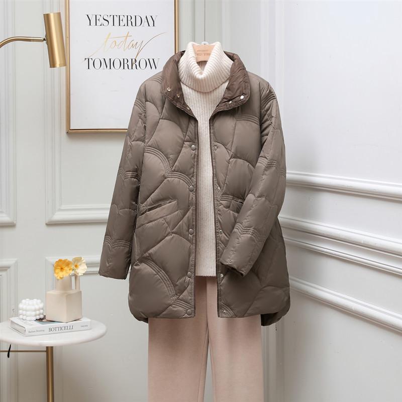 

Женский пуховик средней длины из белого утиного пуха - Легкий, Большого размера, Воротник-стойка, Тонкий, Подходит для 200 фунтов 6XL (210-240 lbs) кофейный