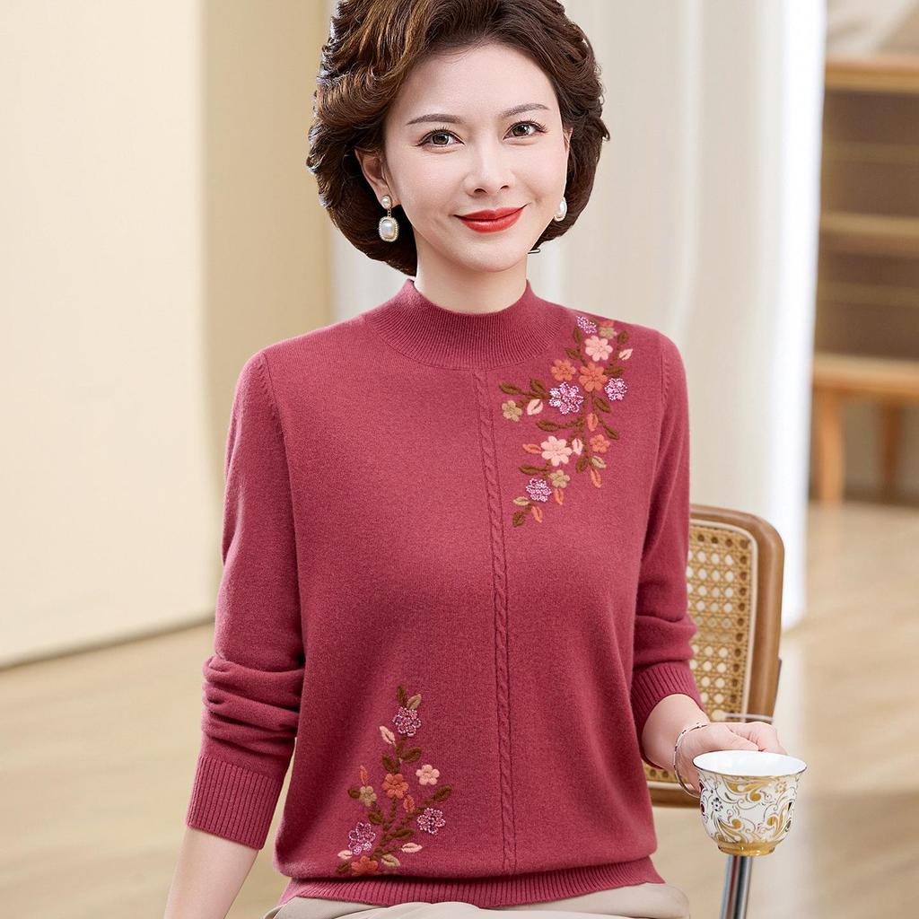 Women's 100% Pure Wool Embroidered Sweater - New 2025 Autumn/Winter Collection for Middle-Aged and Elderly