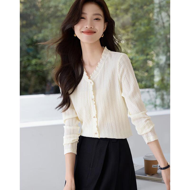 Mohan Yimei Elegant Ruffle Trim V-Neck Long-Sleeve T-Shirt M