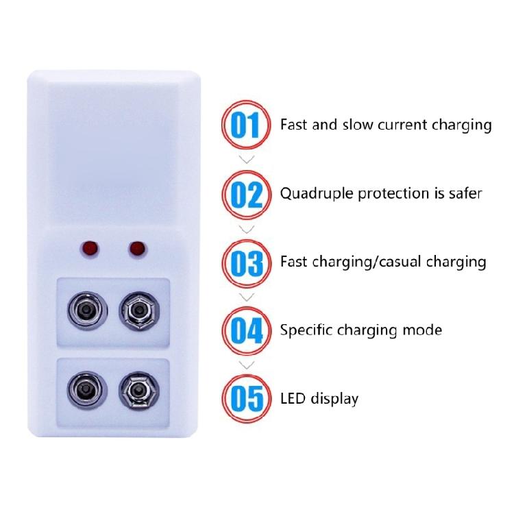 Battery Charger 2-slot Charging Station Independent Fast Charging Adapter for 9V NiMH/NiCd Rechargeable Battery