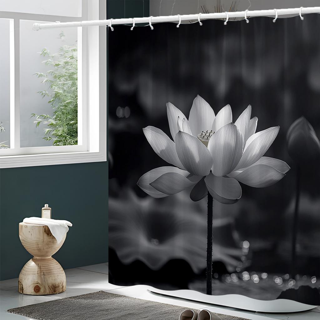 Black & White Lotus Flower Shower Curtain - Serene Blooming Petals & Water Lily Design, Tranquil Aesthetic,  Washable Polyester