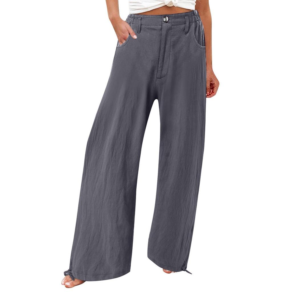 Zomer Katoenen Linnen Wijde Pijpen Broek Vrouwen Losse Palazzo Broek Zak Elastische Taille Knoop Casual Broek
