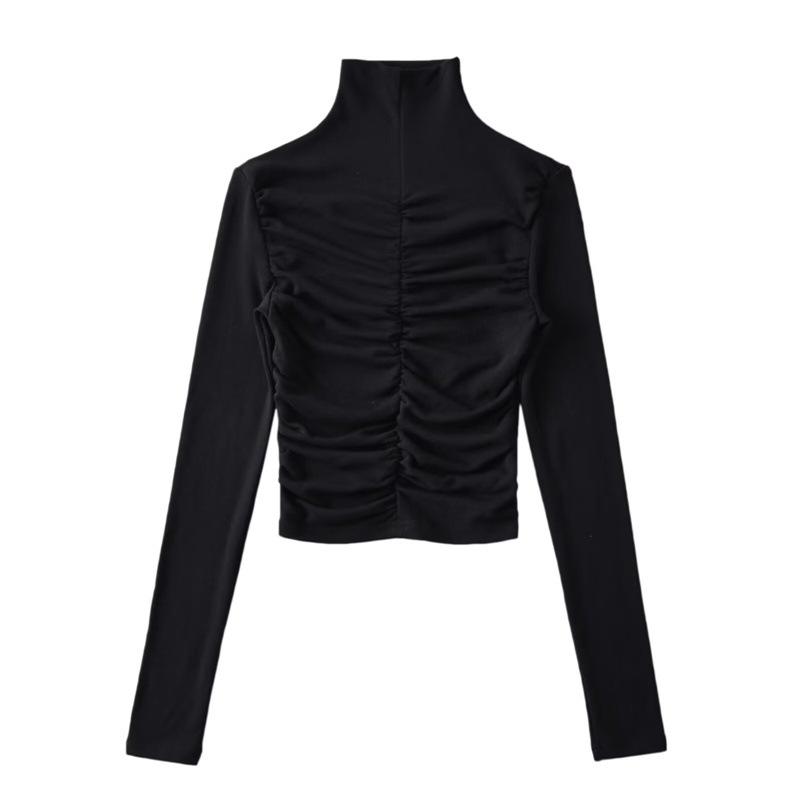 

High Neck Pleated Design Waist-Cinching Long Sleeve T-Shirt for Women - Autumn/Winter Small