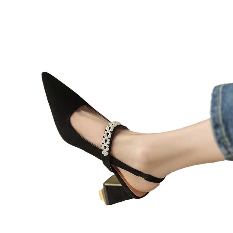 Baotou sandals women's summer French evening breeze gentle high heel thick heel niche black temperament pointed Mary Jane single shoes