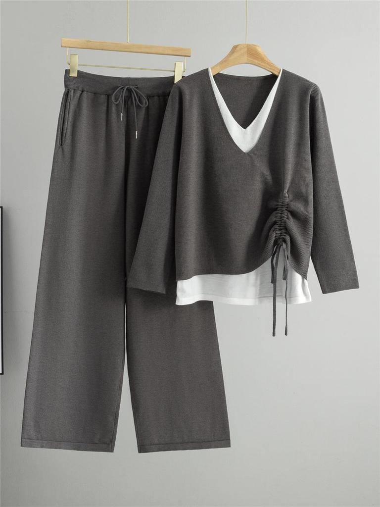 Women's Trendy Two-Piece Set: Drawstring Fake Two-Piece Sweater & Wide-Leg Pants - Long-Sleeved Knitwear for Spring & Autumn