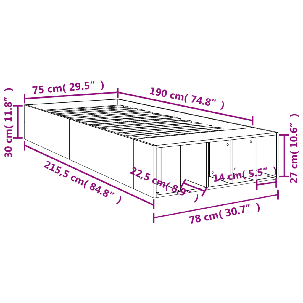 Bed Frame Sonoma Oak 75 x 190 cm Particleboard