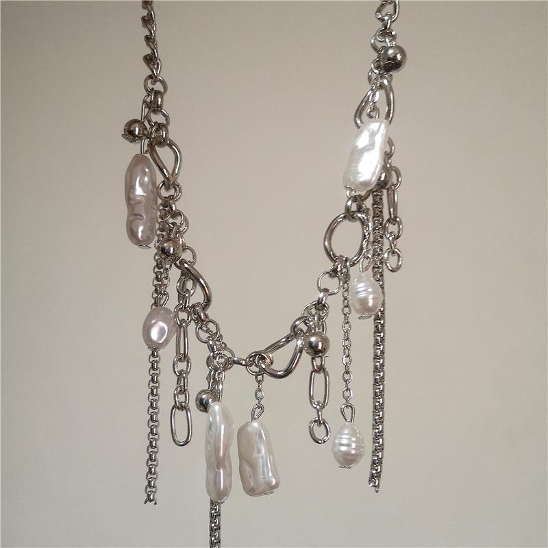 Irregular Pearl Pendant Silver Color Tassel Chain Thick Chunky Necklace For Women Charm Personalized Neck Jewelry Accessories