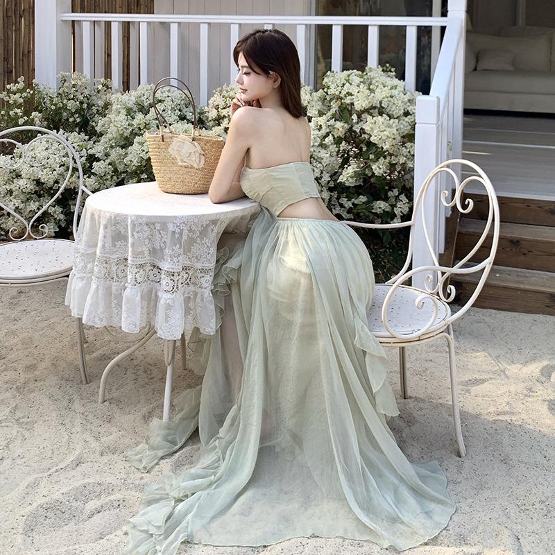 French Beautiful Green Mesh Tube Top Suspender Dress Women's Big Pendulum Long Dress Fairy Seaside Vacation Dress