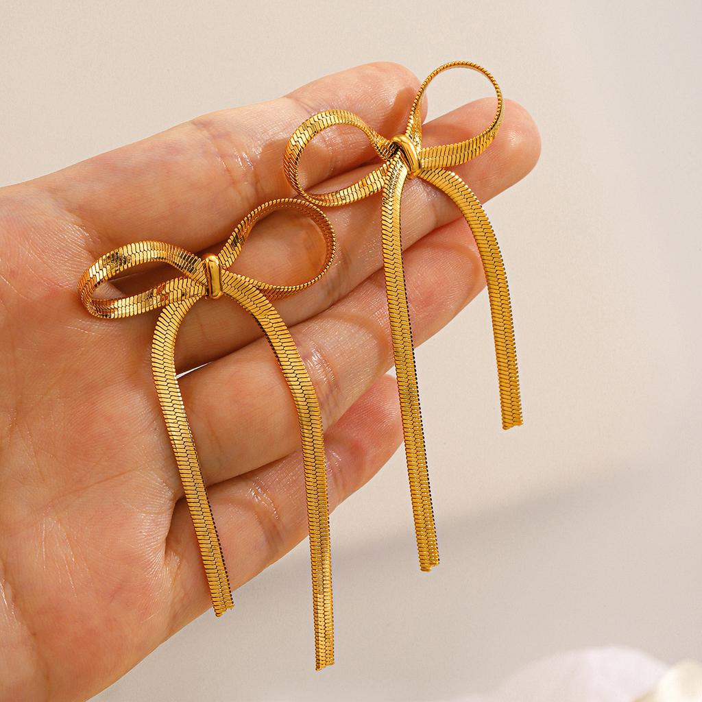 New Fashion Gold Color stainless steel Flat Snake Chain Knot Bow Earrings for Women Girls Bowknot Long Tassel Earring