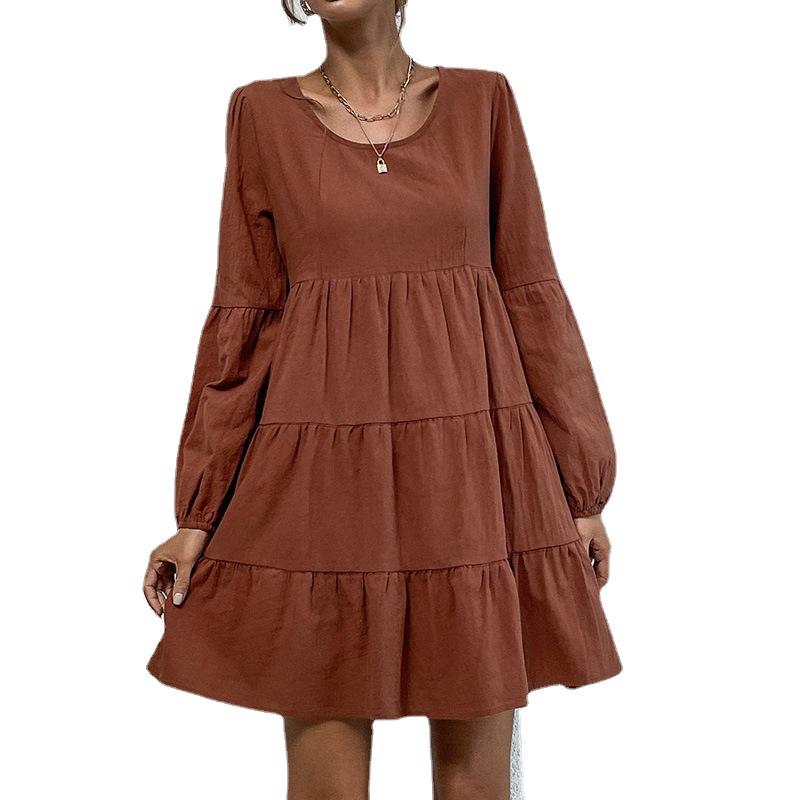 Spring and Autumn Women's Dress Cake Pleated Dresses Long Sleeve Loose Cotton Linen Dresses
