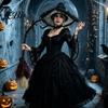 Halloween Party Decoration Witch Broom, Black Tulle Cosplay Costume, Gothic Festival Theme Prop Rose Skeleton Hand Broomstick for Party, Home