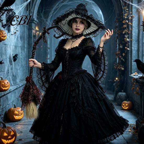 Halloween Party Decoration Witch Broom, Black Tulle Cosplay Costume, Gothic Festival Theme Prop Rose Skeleton Hand Broomstick for Party, Home