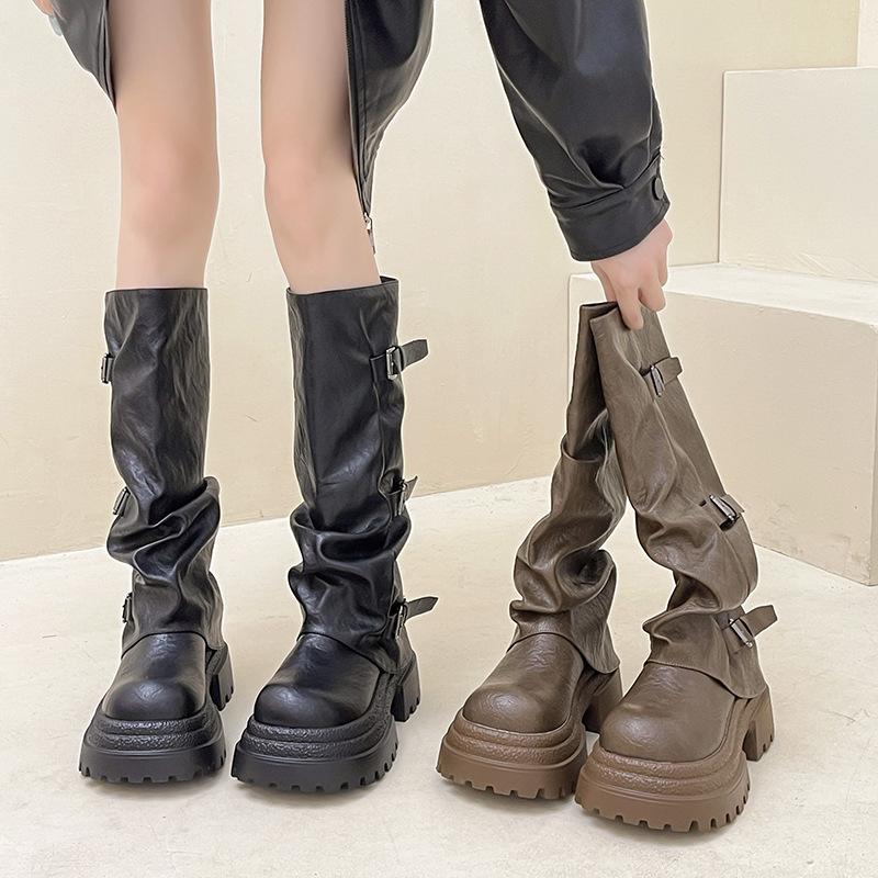 Fashion retro versatile thick heel pleated but knee fashion boots women's 2025 autumn and winter new versatile slim boots