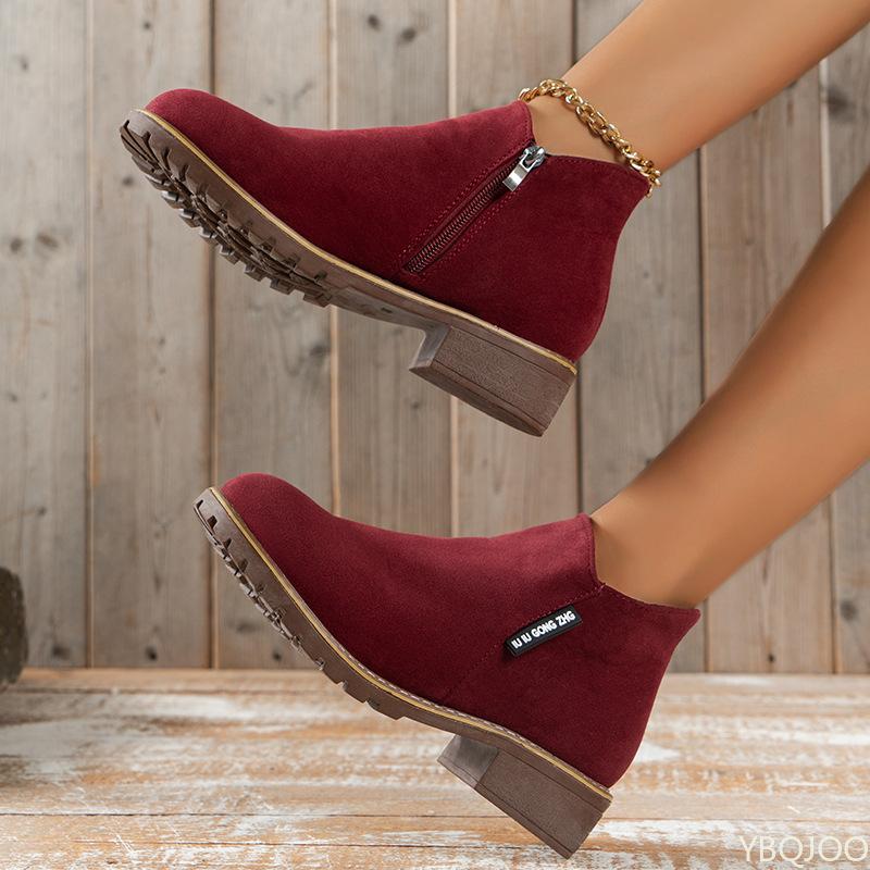 Fashion Short tube mid heel retro short boots for women thick heel flat bottom side zipper simple comfortable daily women's shoes
