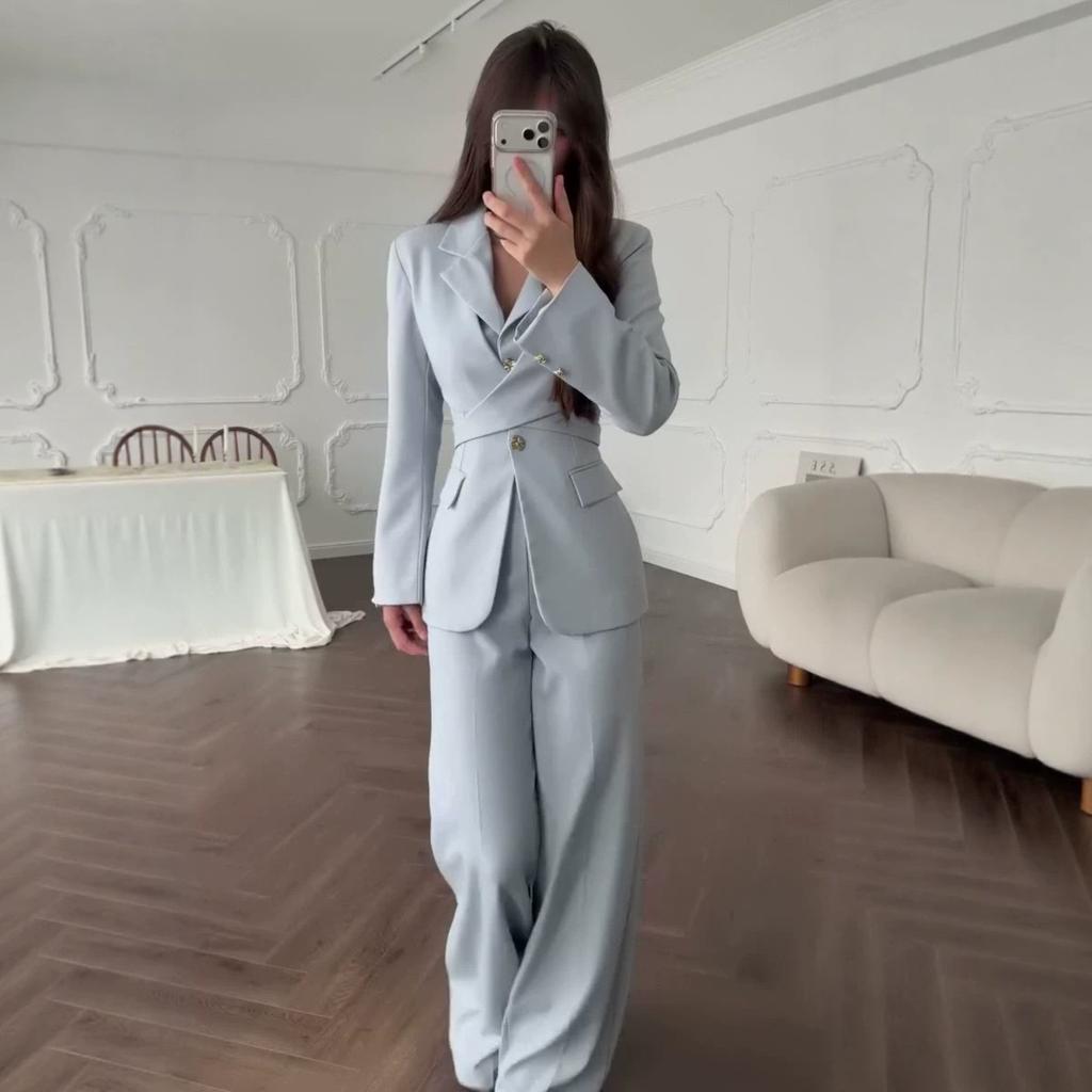 Spring and autumn new European and American Amazon cross-border long-sleeved suit waist shirt straight trousers suit