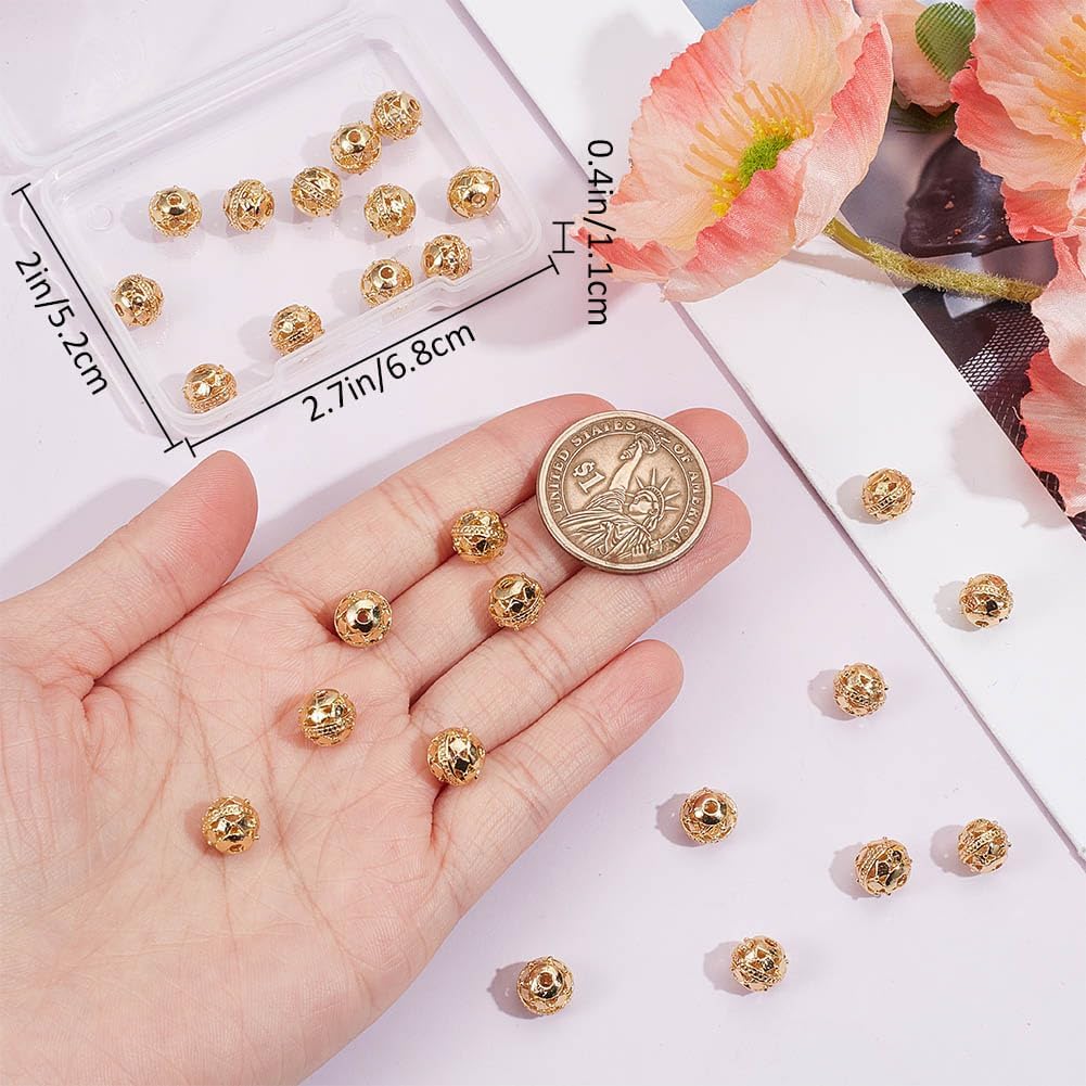 

Beebeecraft 1 коробка 30 шт. полых круглых бусин с 18-каратным золотым покрытием, тибетские филигранные шарики-ромбы, свободные ювелирные бусины-разделители для изготовления браслетов, сделай сам