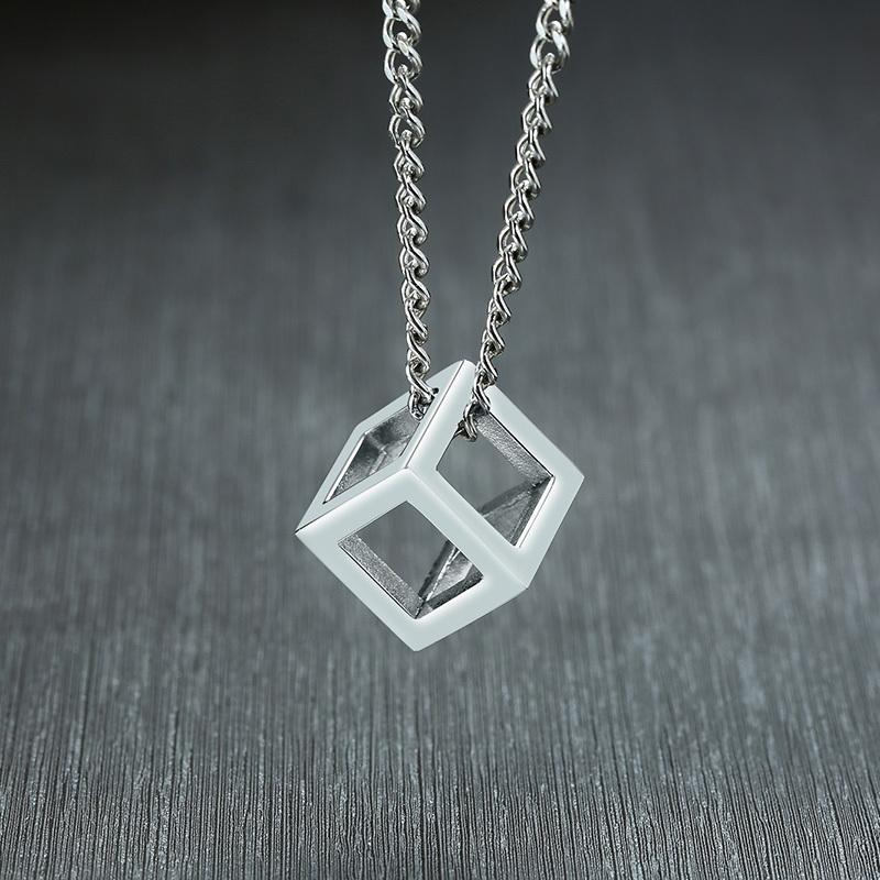 3D Square Pendant Necklaces for Men Boys,Hollow Geometry Stainless Steel Pendant Collars,Trendy Male Jewelry Gifts