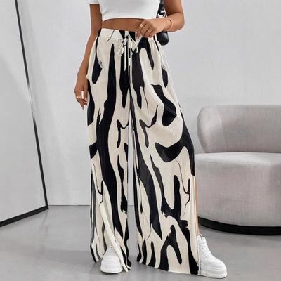 2025 Summer Bohemian Color Block Wide-Leg Pants with High Side Slit for Women
